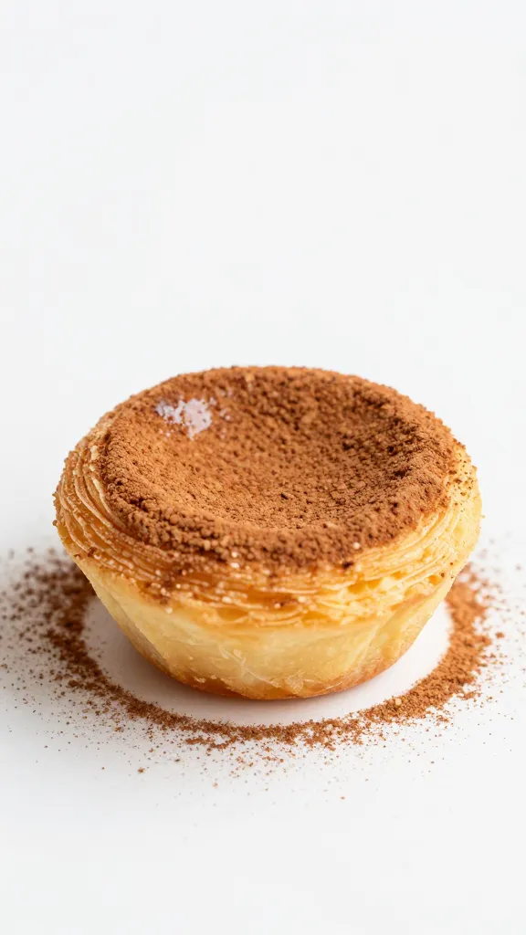single mini pastel de nata with cinnamon dusting, studio lighting