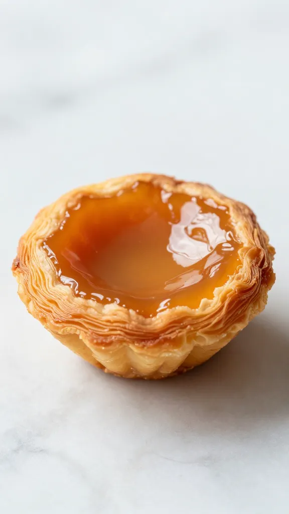 caramelized-top mini pastel de nata on marble surface, macro