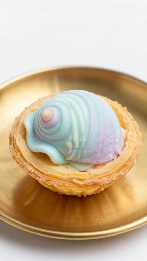 flaky-shelled mini pastel de nata on brass saucer, closeup