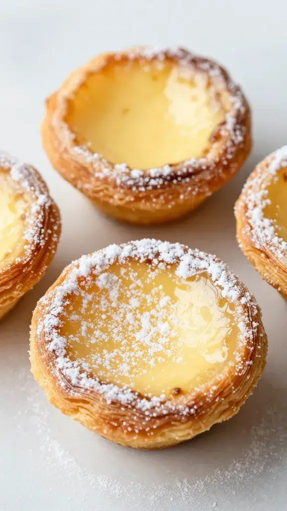 silky custard mini pastel de nata with powdered sugar, overhead closeup