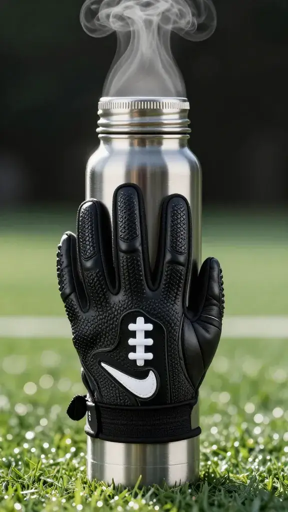 steaming stainless vacuum flask with football glove texture
