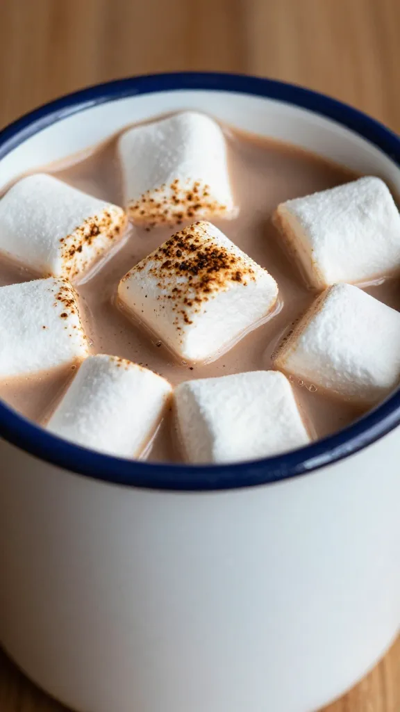 closeup enamel mug of hot cocoa with toasted marshmallow