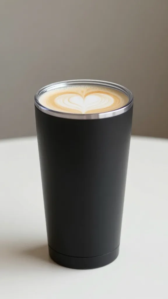 matte black travel tumbler with oat milk latte foam