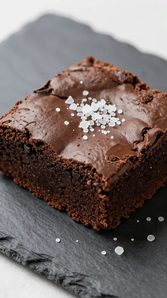 closeup of chili-chocolate brownie with flaky salt on slate