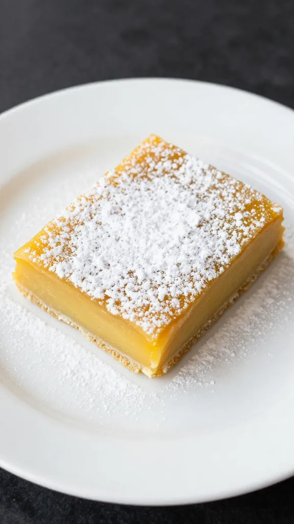 mango-lime bar with powdered sugar, single slice on white plate