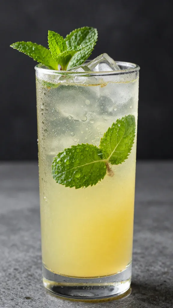 Tall glass of pineapple-mint agua fresca, condensation droplets