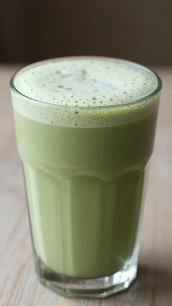 closeup of matcha banana smoothie in clear glass, soft morning light