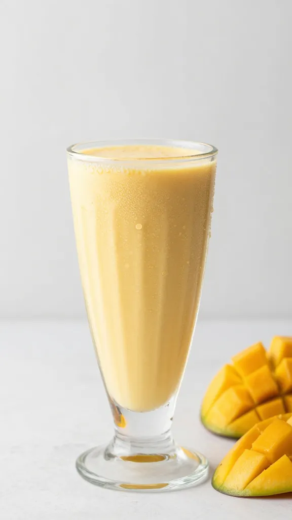 mango lassi smoothie in tall glass, condensation beads, studio light