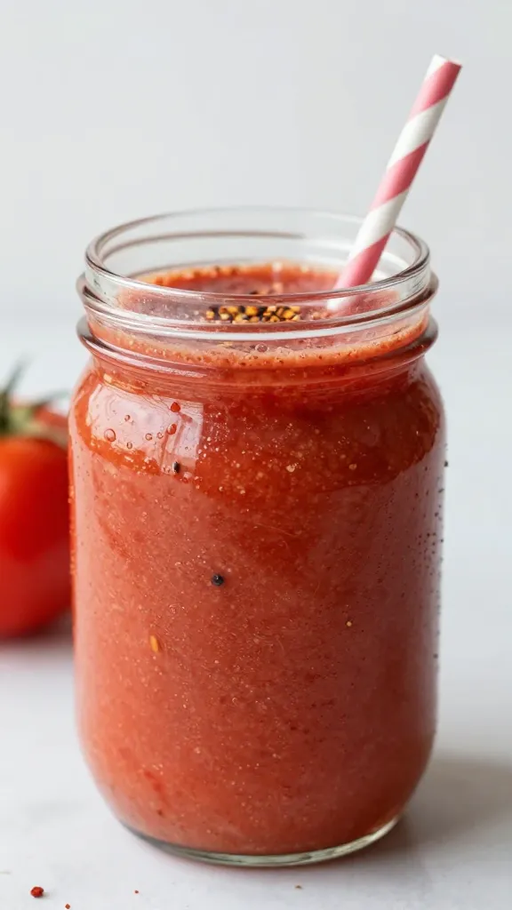 spicy tomato breakfast smoothie in clear jar, visible chili flakes
