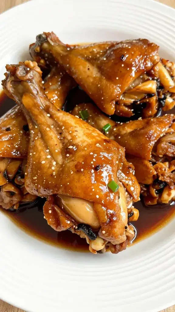 closeup braised Catalina chicken thigh on white plate