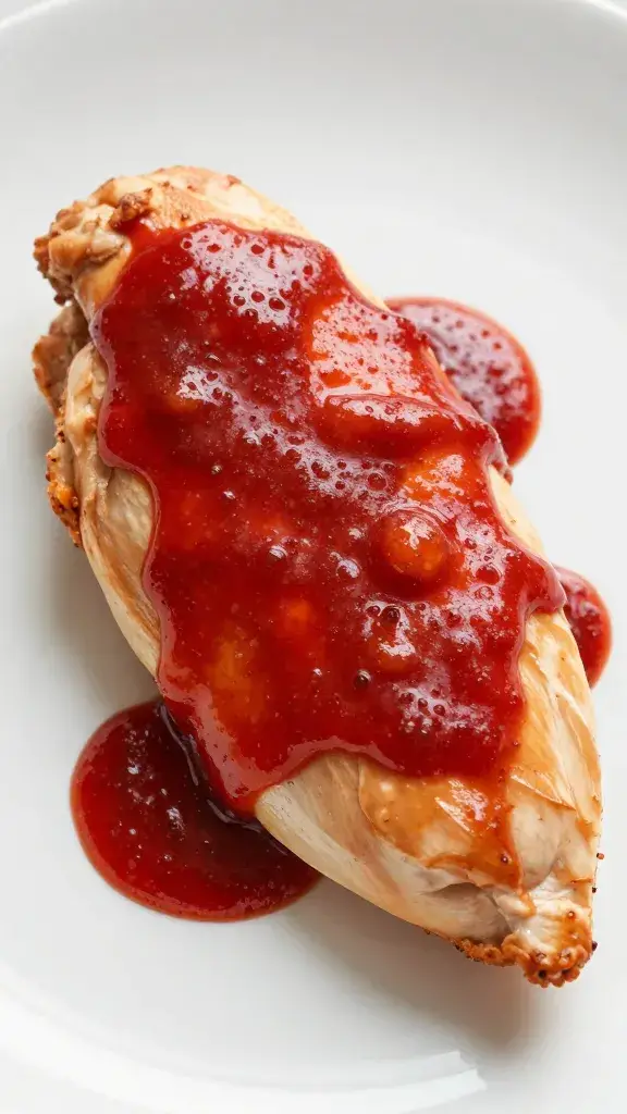 glossy ruby-red Catalina sauce spooned over chicken breast
