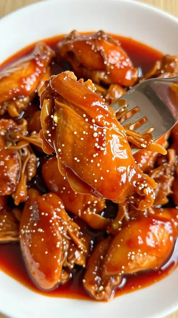 fork shredding tender braised chicken in red glaze