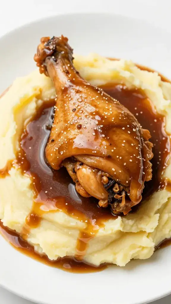 braised chicken thigh on mashed potatoes, sauce pooling