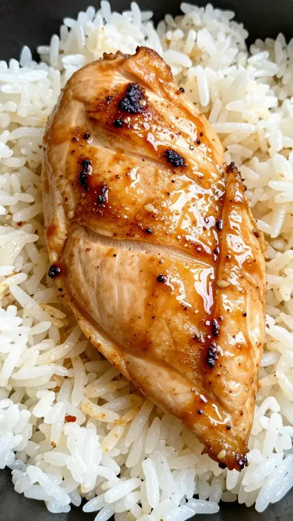 closeup sauce-brushed chicken breast on steamed rice
