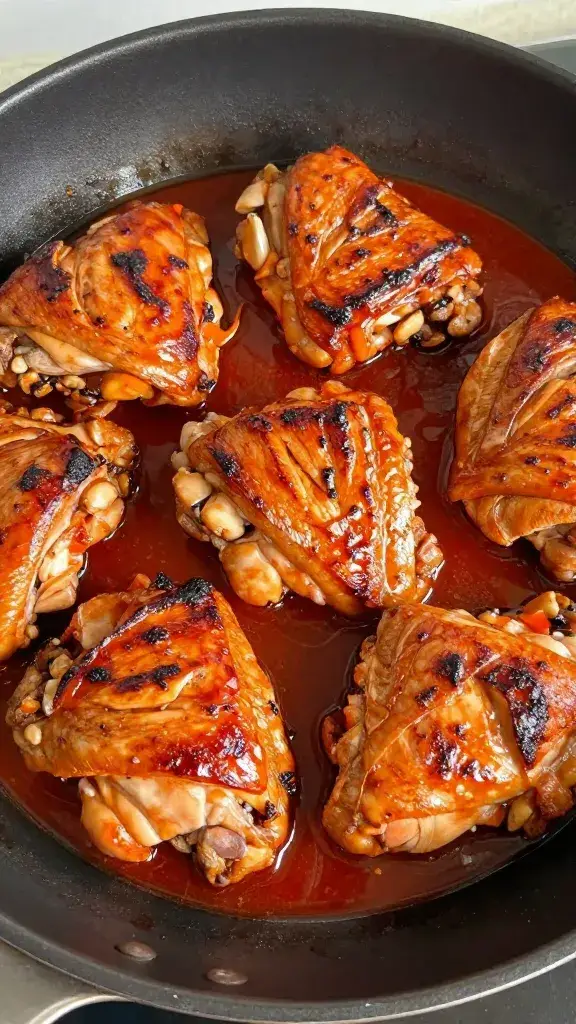 seared chicken thigh simmering in red braise, skillet