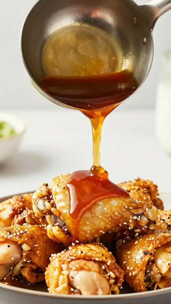 ladle pouring Catalina sauce onto golden chicken thigh