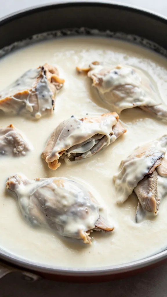 closeup skillet of Turkish chicken in creamy white sauce