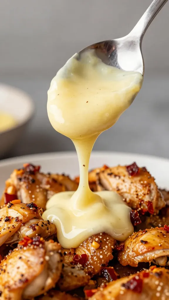 spoon dripping creamy paprika-garlic sauce over chicken
