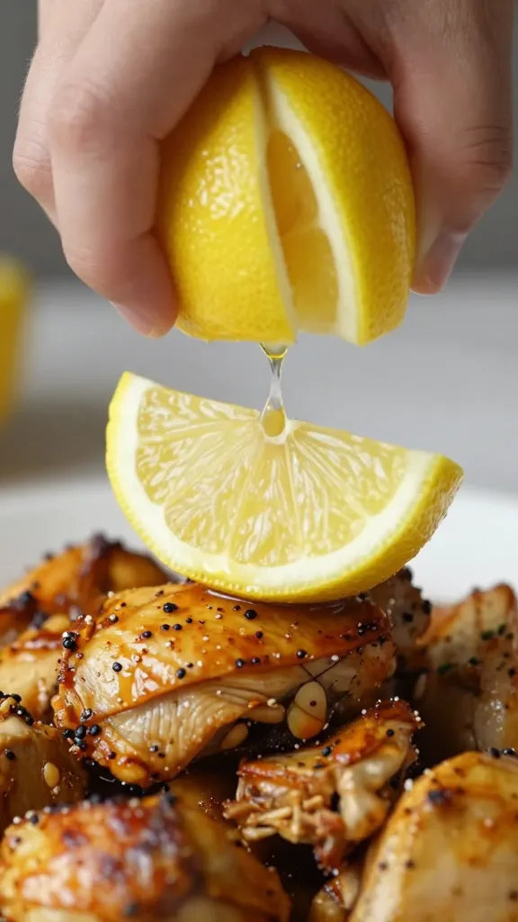 closeup lemon wedge squeezed onto saucy Turkish chicken