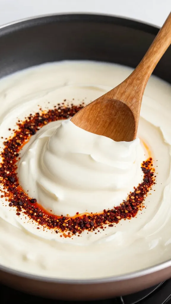 wooden spoon scooping paprika-sumac cream from pan