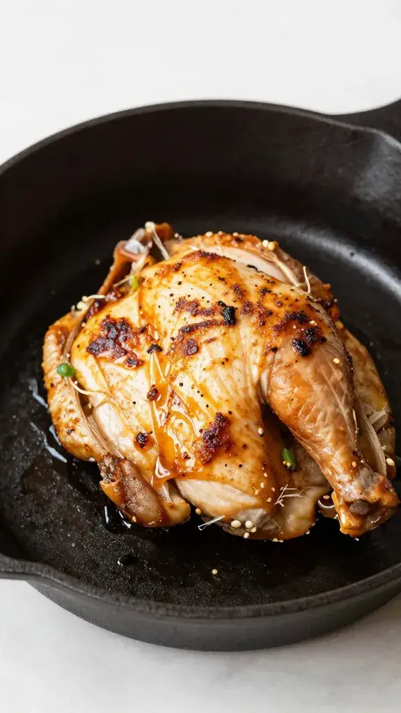 cast-iron pan with one plated saucy chicken portion