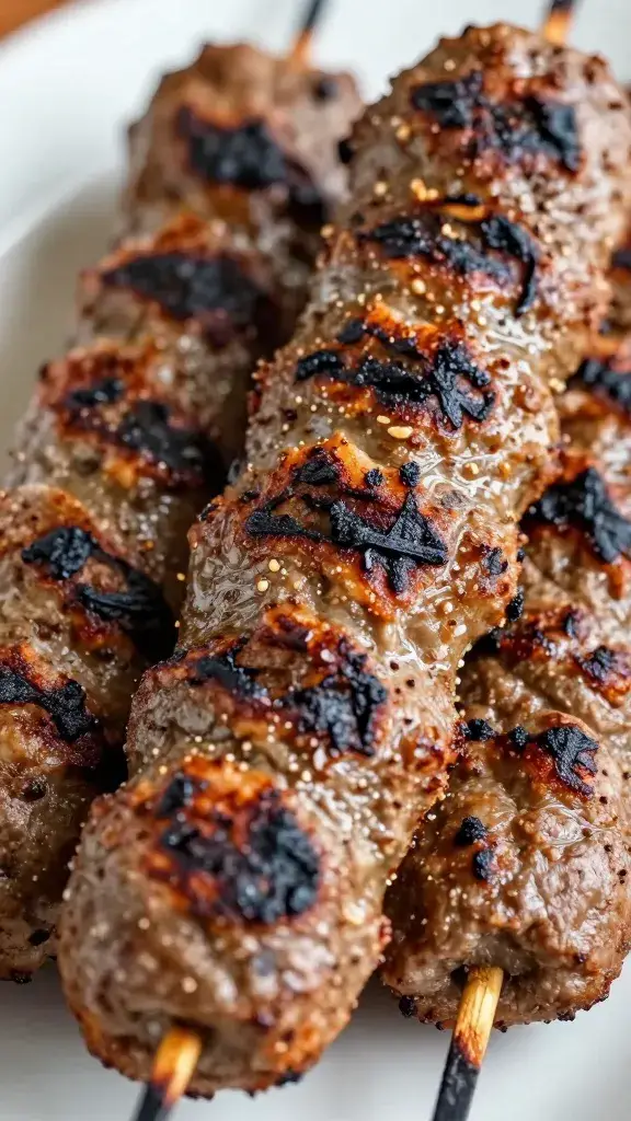 closeup of grilled kafta skewer with charred edges