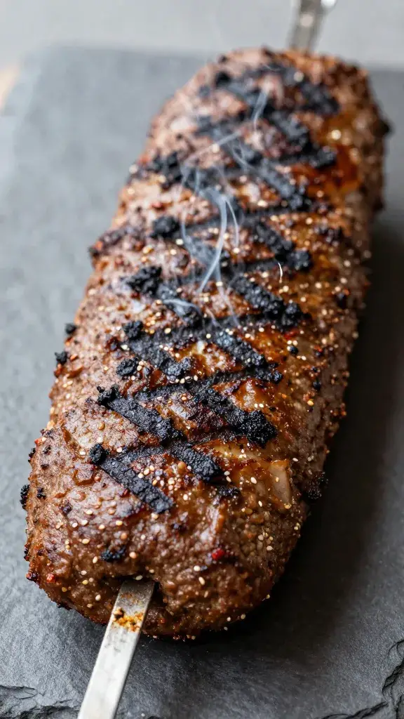 juicy kafta log on metal skewer, smoky grill marks