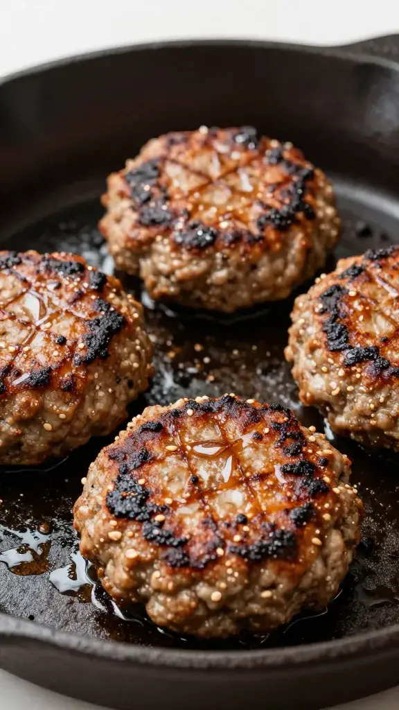 seared kafta patty on cast-iron pan, sizzling