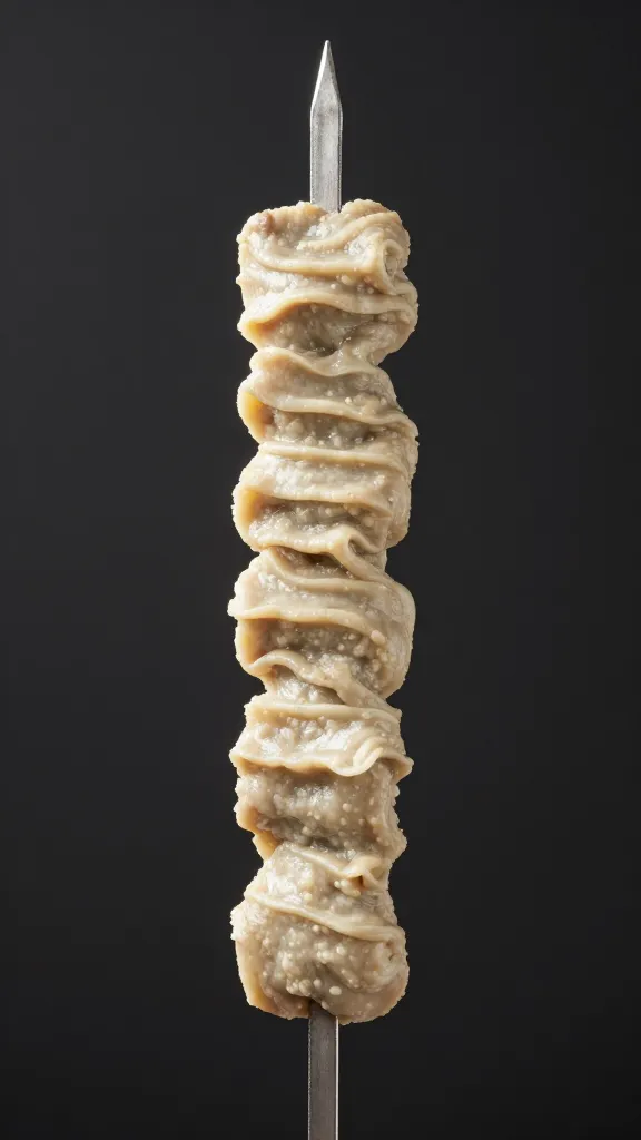 raw kafta formed on skewer, even ridges, studio light