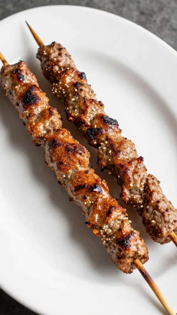 kafta skewer resting on white plate, cinnamon dust hint
