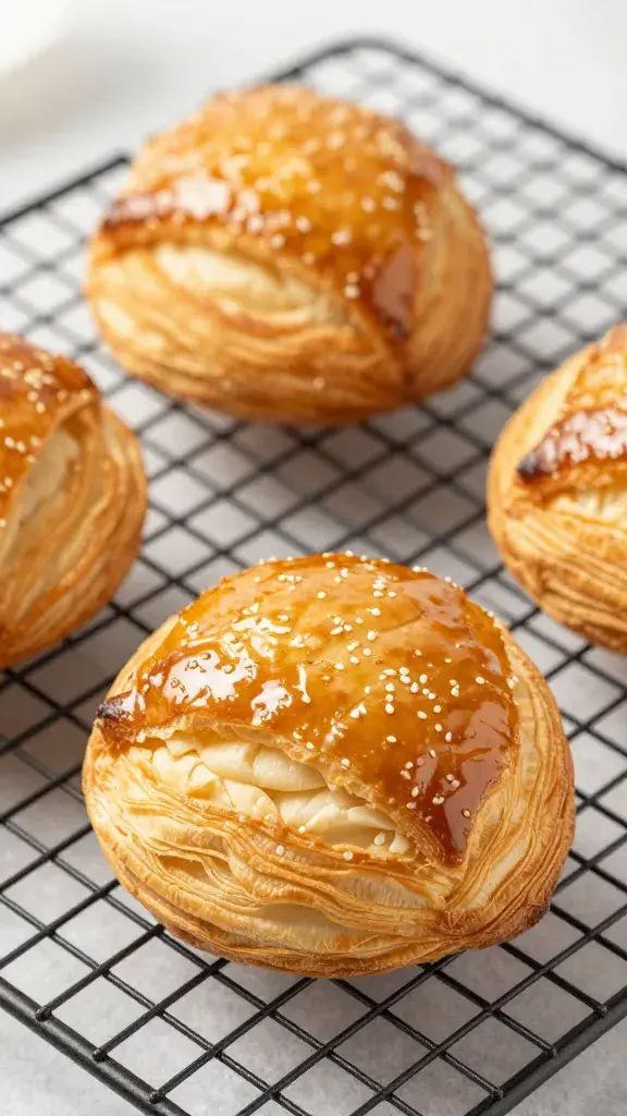 golden puff pastry layers on cooling rack, single danish