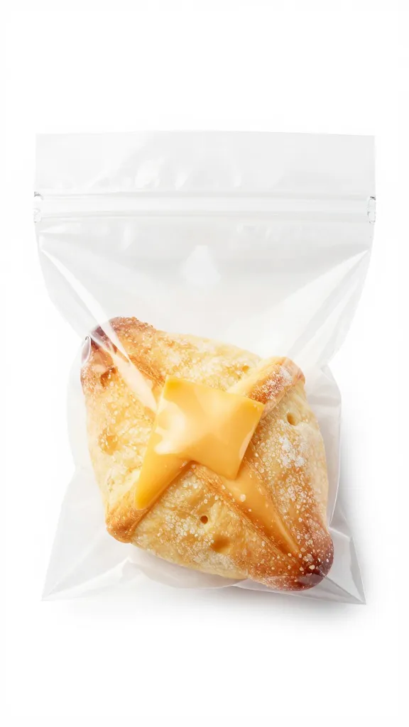 single frozen mini cheese danish in labeled freezer bag