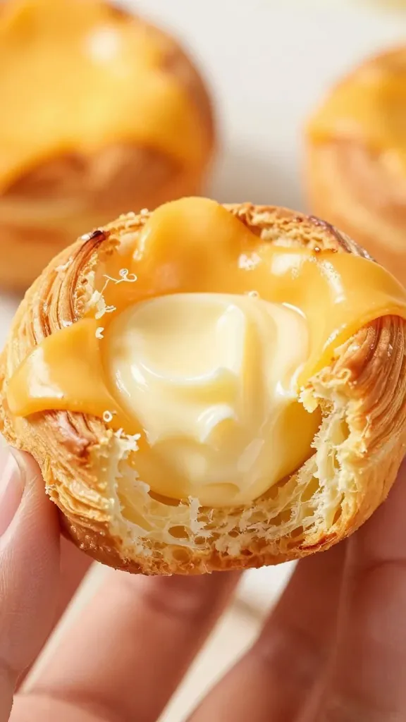 warm mini cheese danish torn open, creamy center revealed