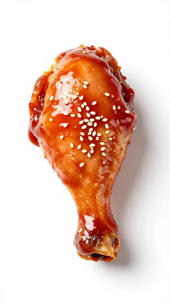 single chicken drumstick glazed with gochujang, sesame garnish