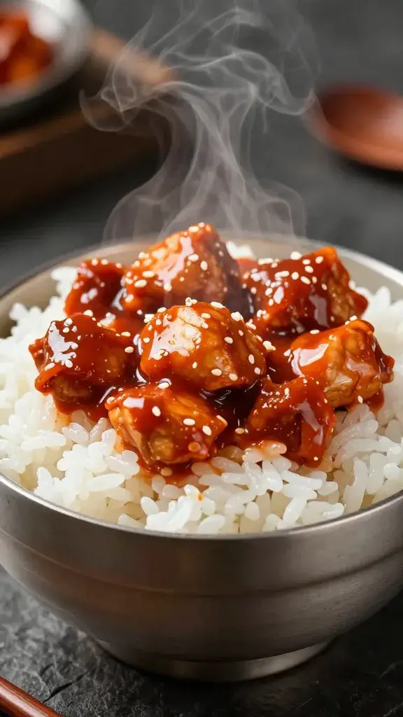 steaming bowl of gochujang chicken over white rice