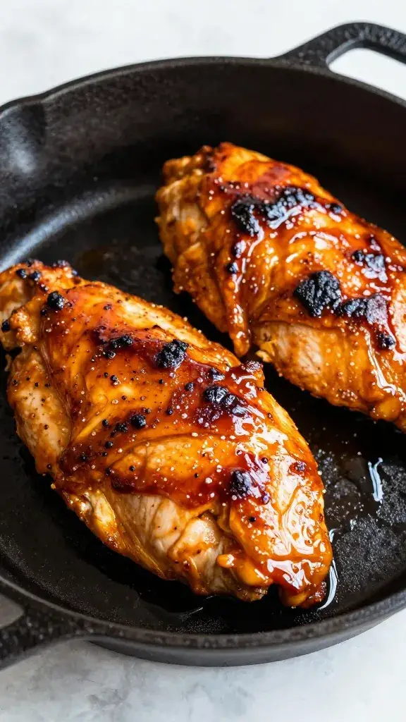 cast-iron skillet with caramelized gochujang chicken breast