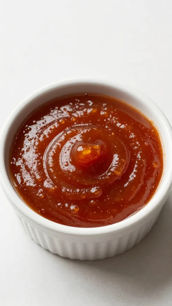 ceramic ramekin of sticky gochujang sauce, overhead