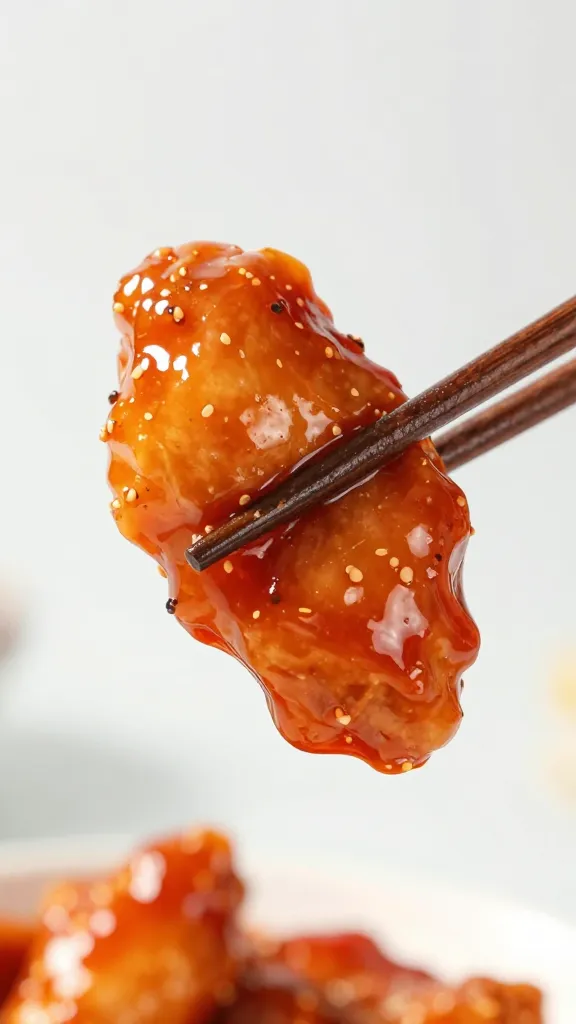 chopsticks holding saucy gochujang chicken bite, closeup