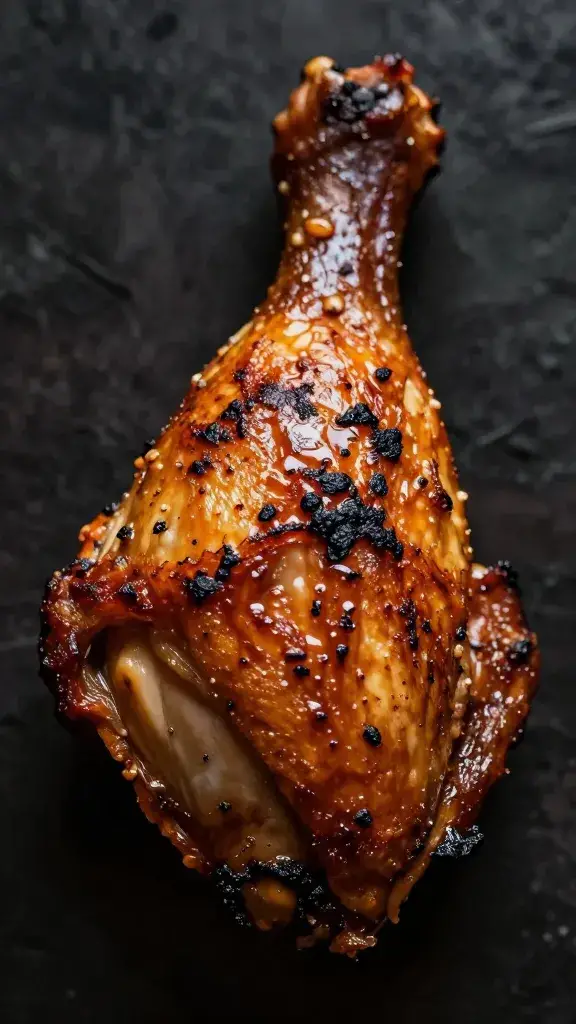 closeup Peruvian roasted chicken thigh, charred skin, moody lighting
