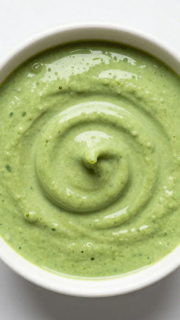 single bowl cilantro-lime green sauce, glossy swirl, overhead