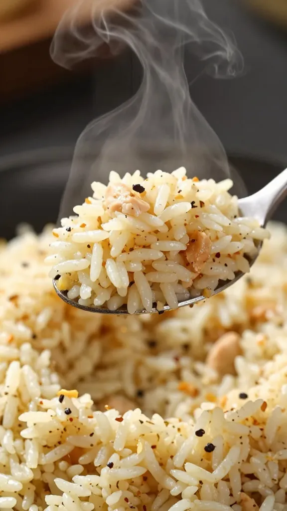 spoonful of herbed chicken rice, steam rising, shallow depth