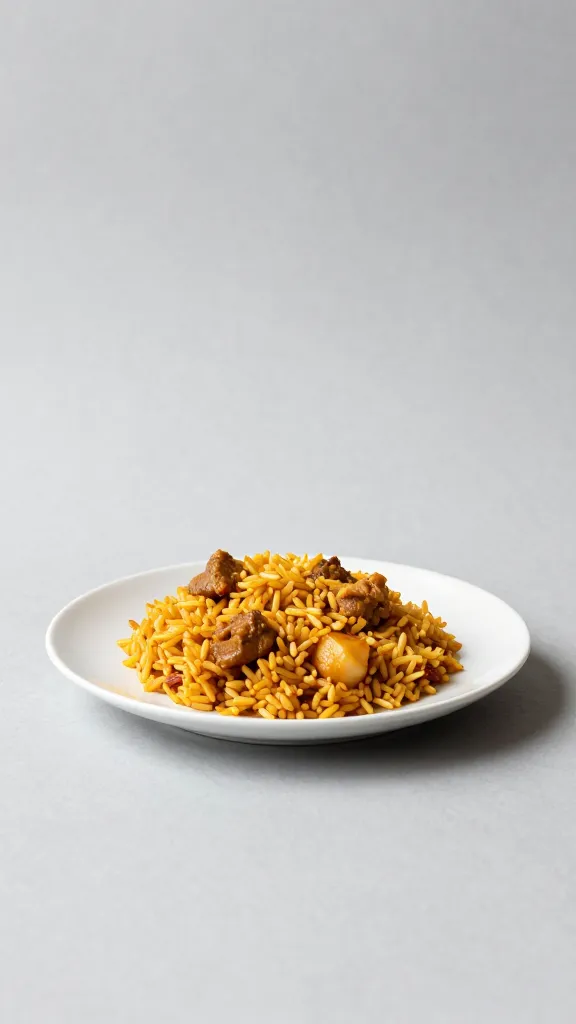 single plate arroz con pollo, golden grains, minimalist backdrop