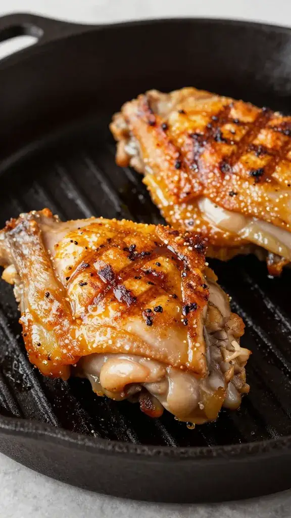 grilled chicken thigh on cast-iron, crispy edges, side light