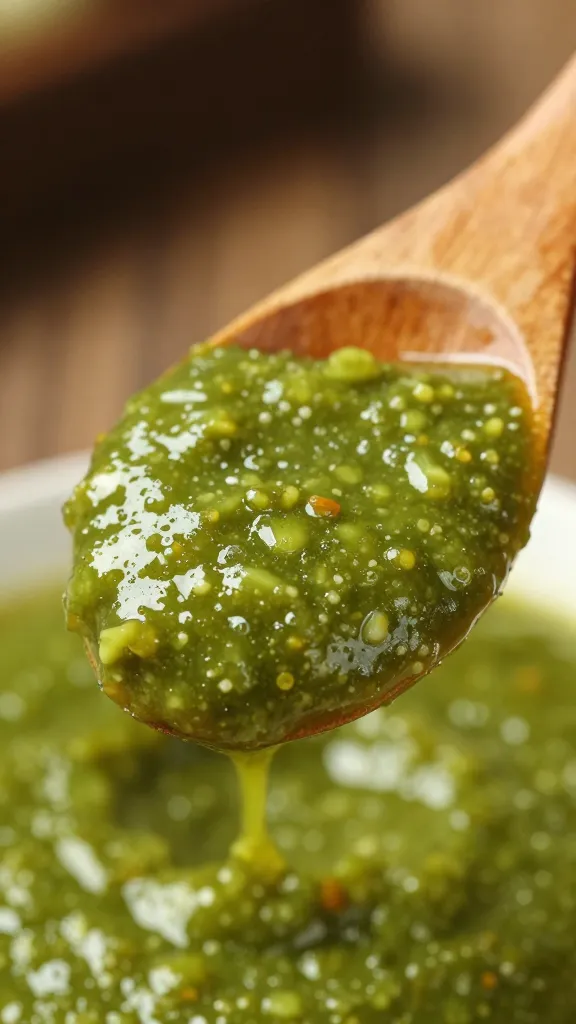 wooden spoon coated in green aji sauce, tight macro