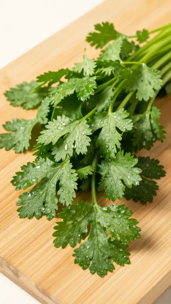 cilantro bunch on cutting board, dewy leaves, studio lighting
