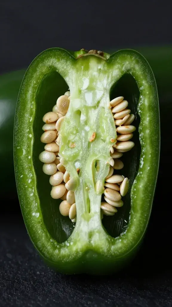 closeup jalapeño cross-section, seeds visible, dark background