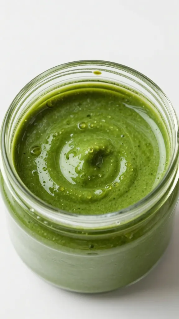blender jar filled with vibrant green sauce, top-down shot