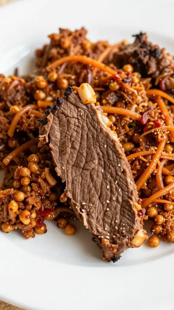 closeup slice of Egyptian beef goulash on white plate