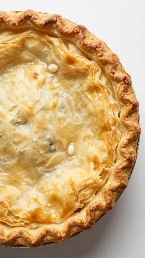 overhead phyllo beef pie corner with flaky layers