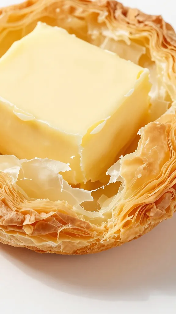 macro shot of buttery phyllo crust shattering
